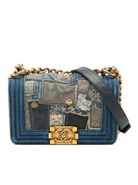 Chanel CC Logo Boy 20 Chain Shoulder Bag Patchwork Blue Multicolor Denim